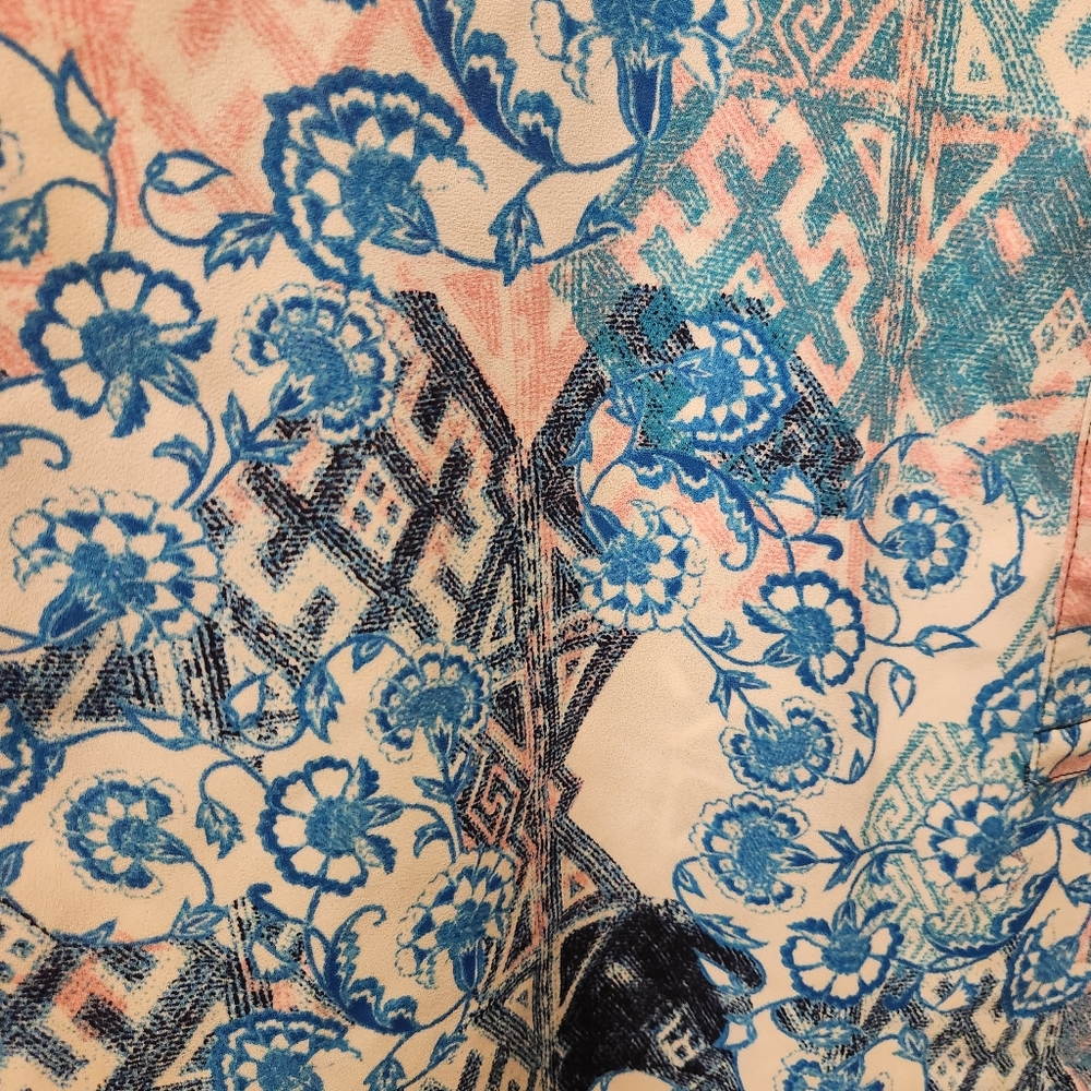NYDJ Pintuck Blouse Pink, Blue, White Abstract Print - Picture 3 of 3